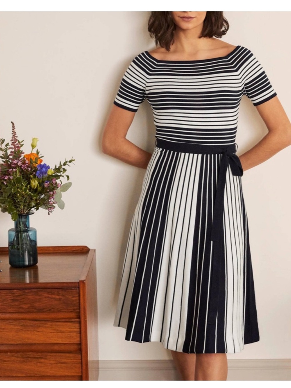 Boden Navy and White Aida Striped Midi Dress with Waist Tie